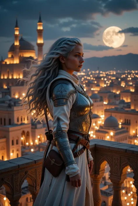  A young warrior priestess ,  looking about 18 years old ,  is standing on an ornate balcony ,  contemplating a vast city below her ,  inspired by ancient Moroccan architecture .  Her clothes combine elegance and readiness for battle :  A light armor ,  cr...