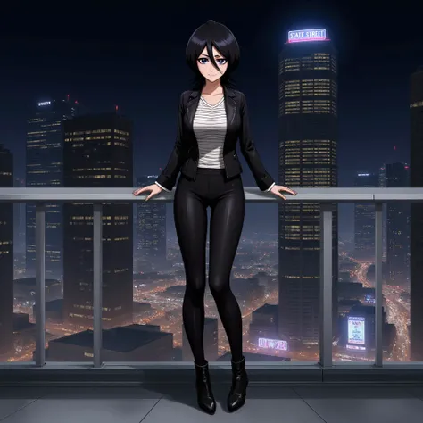 This high-resolution photograph captures Rukia standing confidently on a city balcony at night, overlooking a vibrant urban skyline. She has a slender, athletic build, fair skin, and short black hair that frames her face, subtly illuminated by the city lig...