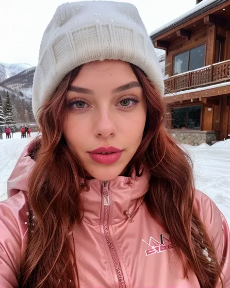 24 years old, slim and curvy body. Light brown skin (wavy red hair), light brown eyes, full lips with pink lipstick, clear expression lines. Ski mountain. Wears snow clothes. Snowboard