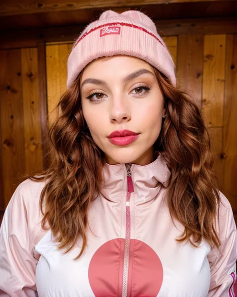 24 years old, slim and curvy body. Light brown skin (wavy red hair), light brown eyes, full lips with pink lipstick, clear expression lines. Ski mountain. Wears snow clothes. Snowboard