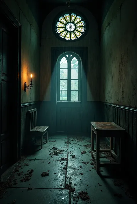  on a dark, windy night ， scattered mottled in an empty hall covered with dust and cobwebs {x } An ancient, dilapidated gothic manor house is shrouded in a layer of mystery ， moonlight through a broken stained glass window ， lead explorers into this unknow...