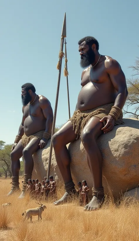 Two giant Hadzabe men (18 feet tall, with thick muscular arms, big round bellies, and powerful legs) sit on huge boulders, dressed in traditional Hadzabe attire. One giant leans forward slightly, his sharp eyes focused on a distant lion prowling through th...