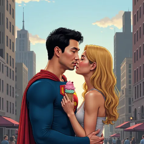 Create a sequence of images that generate a romance story between a superhero and a typical normal city girl. The story can be created based on different scenarios such as: a date at a cafe, a hug under the sunset, a walk eating ice cream and finally end t...