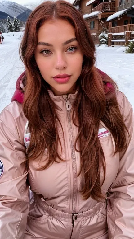 24 years old, slim and curvy body. Light brown skin (wavy red hair), light brown eyes, full lips with pink lipstick, clear expression lines. Ski mountain. Wears snow clothes. Snow pants. Snowboard