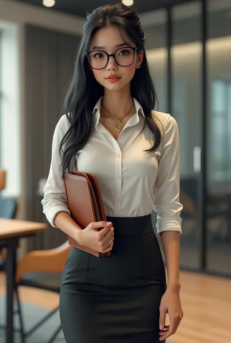 Female character ,  black hair, glasses, secretary,  3D rendering , HD model,  long hair, 