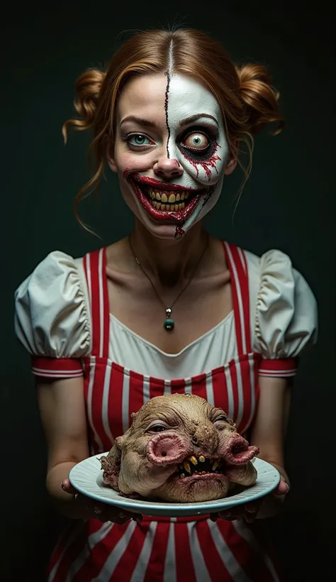 Hyper-realistic, high-detail horror portrait. A grotesque woman with half-decayed flesh, one side of her face revealing exposed bone and rotting teeth. Her hollow, lifeless eye stares ahead, while the other is barely intact. She wears a twisted parody of a...