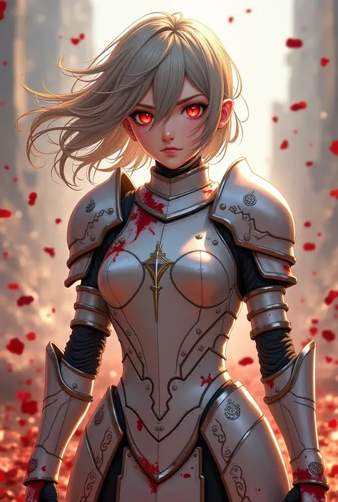 Anime girl knight  in light white armor covered in blood with eyes burning with power