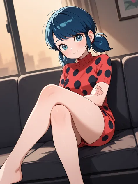 marinette ,  sitting ,  with her legs crossed 