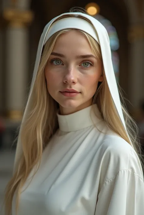 30 years old nun, handsome woman, blonde, longe hair, green eyes, white nun's habit, no makeup, soft smile, soft wrinkles (church background)