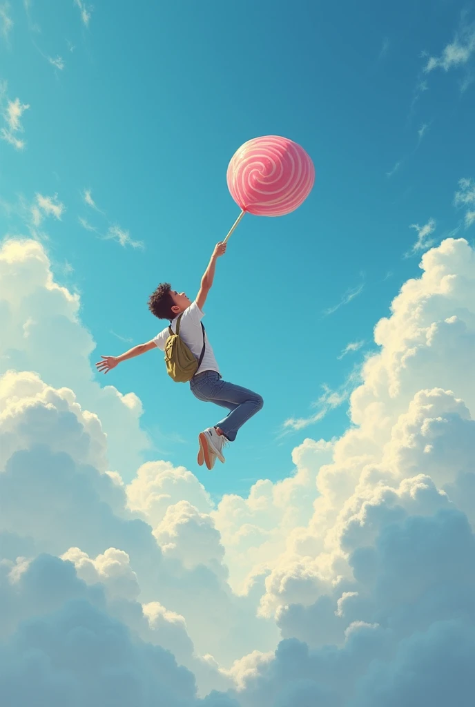 A guy flying through the sky and sees a candy on a cloud