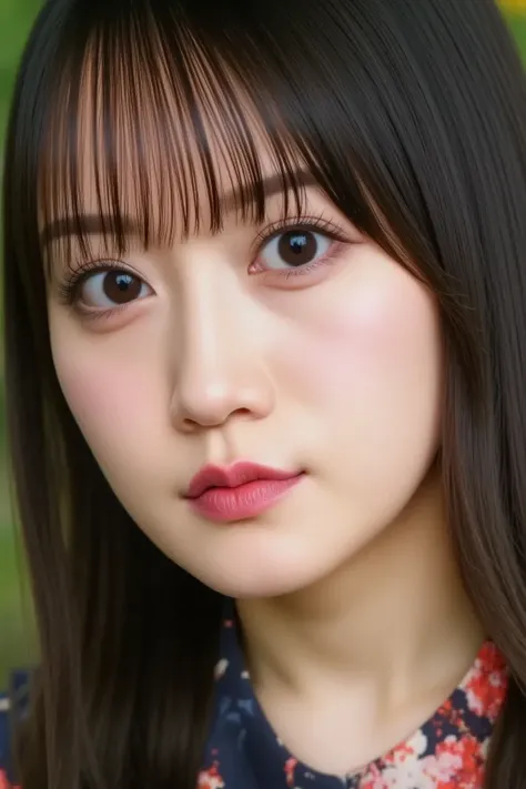 "Close-up portrait of an alluring Japanese woman with an elegant and seductive expression. She has long, dark, silky hair that cascades down her shoulders, and her almond-shaped eyes have a captivating, intense gaze. Her makeup is bold, with dark eyeliner,...