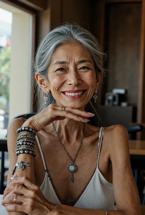 Detail Tweaker LoRA、 photorealistic、 full body image、50-year-old Japanese charismatic old tribal fashion model、 grandma who forcibly makes her younger、Small wrinkles, freckles, and spots on the skin、A dreamy smile、A thin, poor body、super petite body、Irrit...