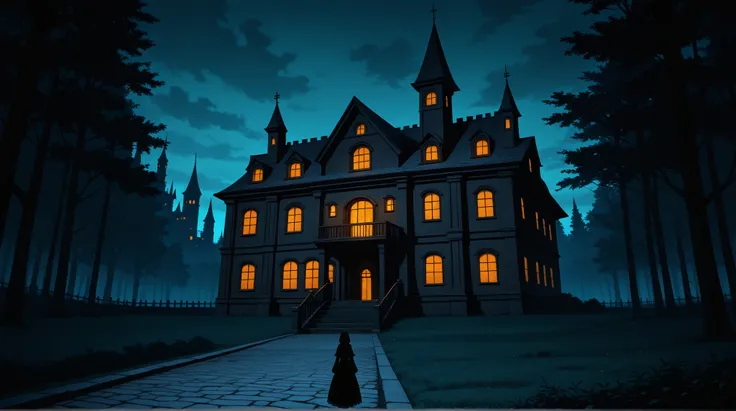  Dark photo of a castle in the forest ,  still creepy photo from Netflix ,  spooky mansion,  Dark Castle Background , house in the forest,  dark pastel castle background,  Gothic mansion , Dark castle environment , still from animated horror film,  locatio...