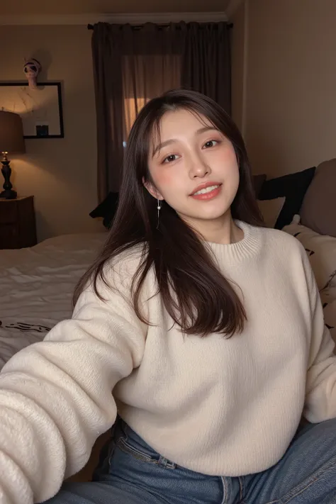 Amateur shot, a POV of an Instagram selfie. A stylish young woman sitting comfortably on her bed in a cozy, dimly lit student room, surrounded by cushions. She wears an oversized sweater and high-waisted jeans, exuding a casual yet trendy vibe. Her long, s...