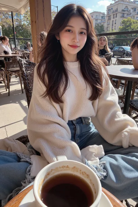 Amateur shot, a POV of an Instagram selfie. A stylish young woman sitting at an outdoor café terrace, bathed in soft natural light. She wears a cozy oversized sweater and high-waisted jeans, paired with trendy sneakers. A warm cup of coffee rests on the ta...