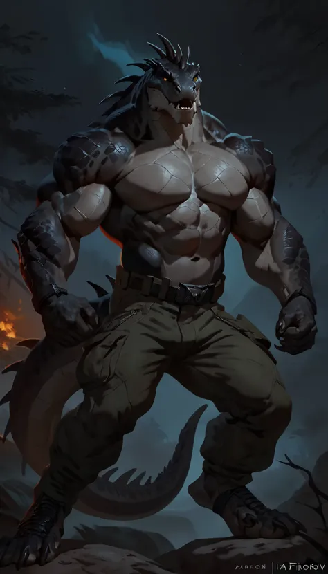 Muscular monster lizardfolk, solo, pants, mercenary, dark lizardfolk, black scaly body, gray belly, detailed abdominals and chest, strong, bara, 1male solo, anthro, muscular, open mouth, small waist, thick tail, marked jaw, pecs, big pecs, military pants, ...