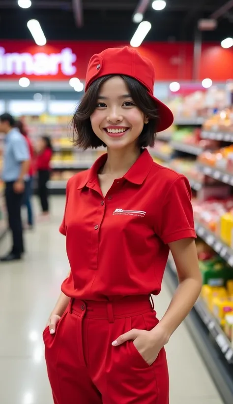  A beautiful 25-year-old Indonesian girl with short hair with bright white skin sweet smile wearing a red collared T-shirt and red trousers,  black shoes , red colored hat. Work as a supermarket employee .  Alfamart location background . 8K HD real photo. ...