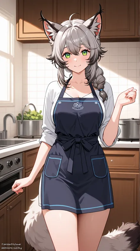 Waifu lynx, HD model, with a plain apron ,with a fluffy tail ,  housewife, long grey hair