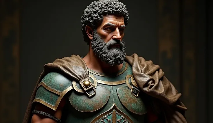 "Create a hyper-realistic sculpture of a Roman emperor or general from antiquity, cast in aged bronze with a greenish patina. His expression should be serious and contemplative, with a deep gaze and a furrowed brow, conveying wisdom and leadership. His cur...