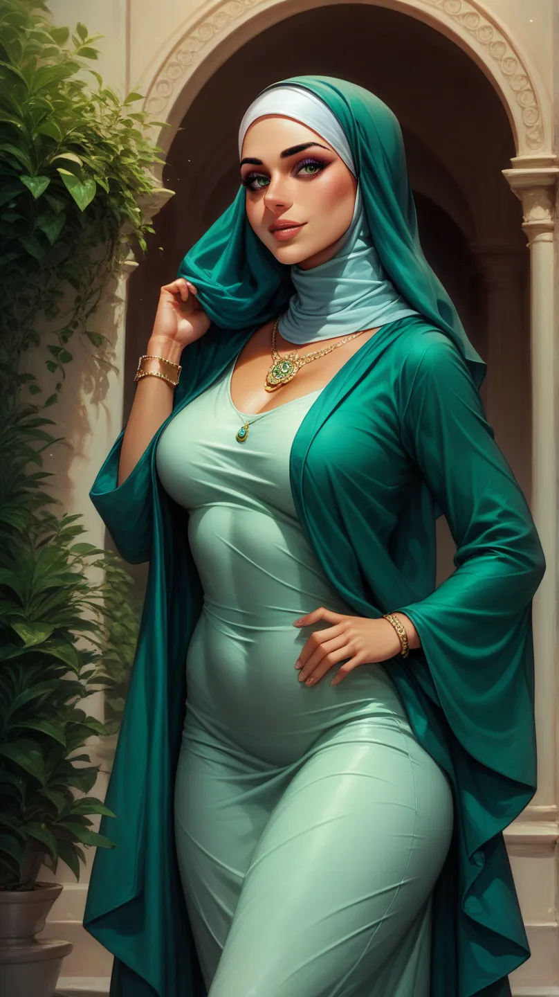 Stunningly beautiful girl, beautiful, gorgeous, perfect body, highly detailed, long robe, necklace, green robe, turtleneck white dress, jewelry, hijab, 