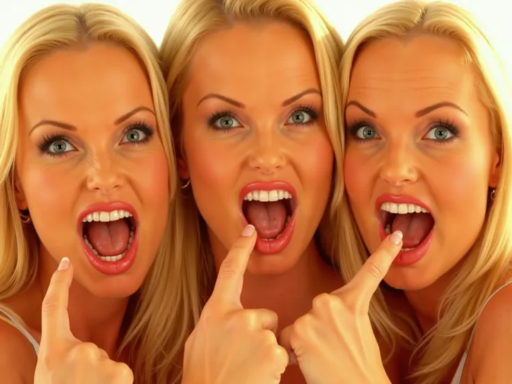 three blond woman, heads next to each other, angry and shocked, mouth open very far, finger pointing to chin, looking to viewer, faces only, sunny