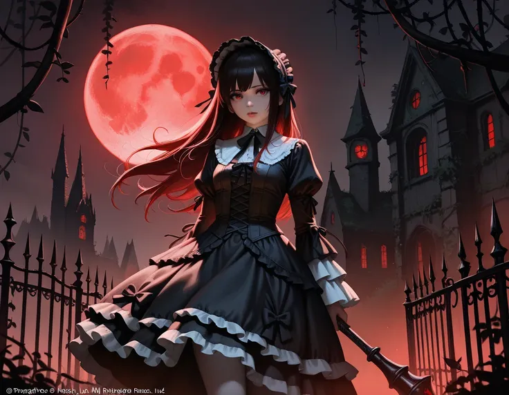 score_9, score_8_up, score_7_up, quality_masterpiece, quality_Highest, Official Art, source_real, there is only one old haunted mansion and no other buildings, wandering white ghosts, broken windows, black iron fences, blood red full moon, gothic horror, a...