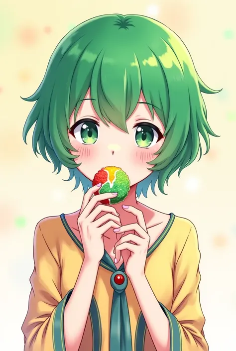 Kimetsu no Yaiba style girl with green hair eating Mochis 