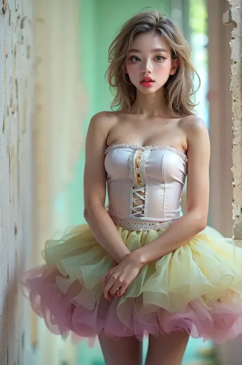 Photographically, very detailed, Very real, hyperrealism , super realistic, best quality,(masterpiece, soft lighting, Stylish eyes with attention to detail : 1.2), a pretty young girl,(cute), sleeveless, sheer off-the-shoulder tutu,Can you loosen the corse...