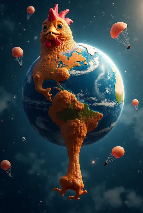 Create for me an image of the Earth in outer space in the form of a chicken leg, complete with parachutes and boats, never mind that it distorts the shape of the continents.