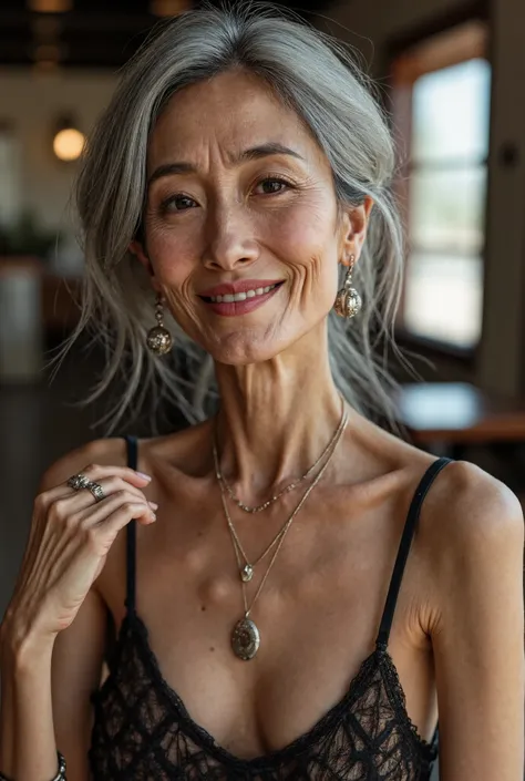 Detail Tweaker LoRA、 photorealistic、 full body image、50-year-old Japanese charismatic old tribal fashion model、 grandma who forcibly makes her younger、Erotic Baba 、Small wrinkles, freckles, and spots on the skin、A dreamy smile、A thin, poor body、super peti...