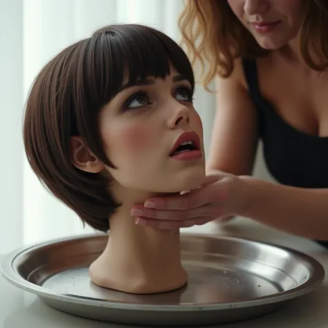 There is a beautiful, young, dead woman's severed head is standing on a silver tray. We see the head in side view. She has no make up. She has beautiful, straight, thick, smooth, silky, shiny, short pixie brunette hair, with thick bangs. She is looking up....