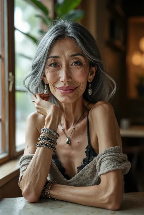 Detail Tweaker LoRA、 photorealistic、 full body image、50-year-old Japanese charismatic old tribal fashion model、 grandma who forcibly makes her younger、Erotic Baba 、Small wrinkles, freckles, and spots on the skin、A dreamy smile、A thin, poor body、super peti...