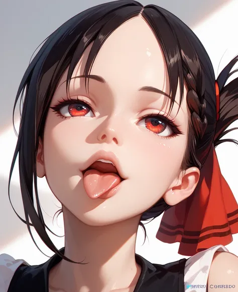 A very beautiful girl, kaguya Shinomiya, close up do rosto,  Looking up , squint eyes,  tongue out, sexy