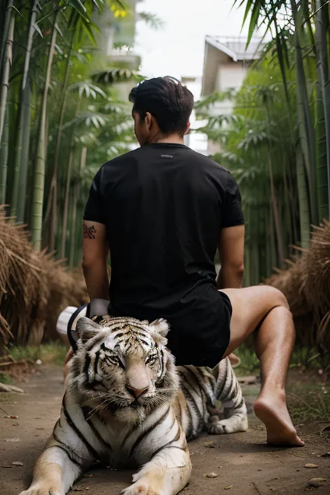 "A man in a black shirt sits side by side with a large, dashing white tiger walking in the middle of a lush bamboo forest.  This tiger has clean white fur with sharp black stripes ,  sharp gold-colored eyes ,  and facial expressions showing majesty and pow...