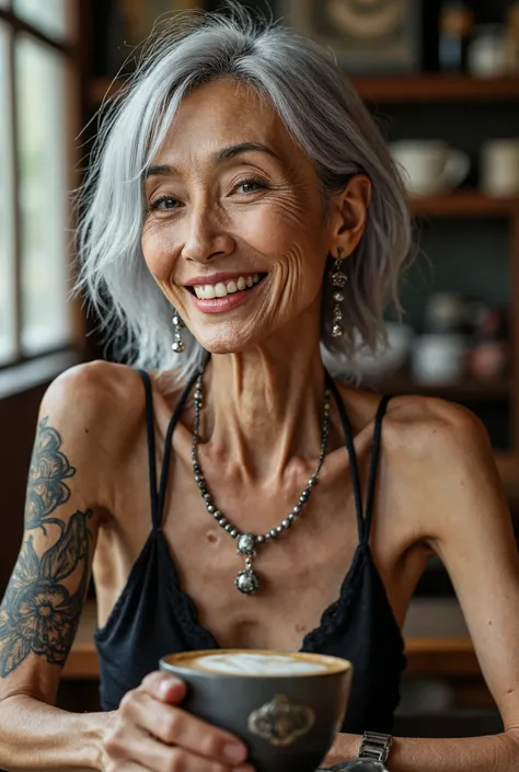 Detail Tweaker LoRA、 photorealistic、 full body image、50-year-old Japanese charismatic old tribal fashion model、 grandma who forcibly makes her younger、Erotic Baba 、Small wrinkles, freckles, and spots on the skin、A dreamy smile、A thin, poor body、super peti...