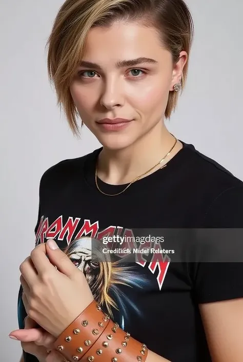 chloé short hair who wears a iron maiden t-shirt and  and wears a LEATHER Bracelet - 3 Rows of 7 Flat Nails flirt