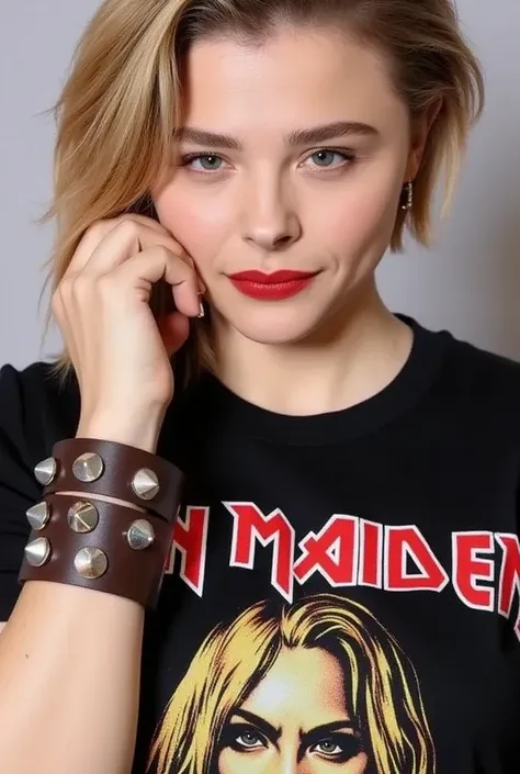 chloé short hair who wears a iron maiden t-shirt and  and wears a LEATHER Bracelet - 3 Rows of 7 Flat Nails flirt