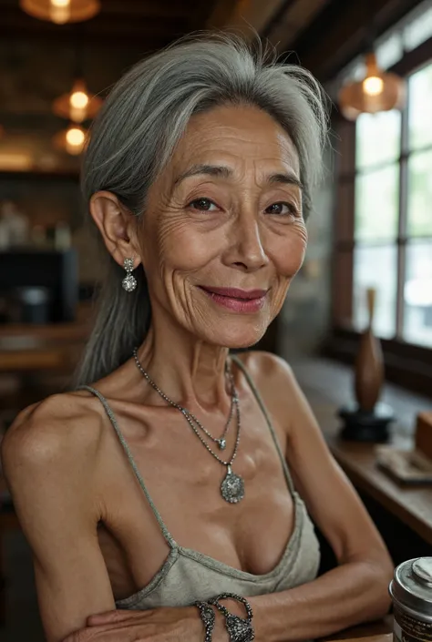 Detail Tweaker LoRA、 photorealistic、 full body image、50-year-old Japanese charismatic old tribal fashion model、 grandma who forcibly makes her younger、Erotic Baba 、Small wrinkles, freckles, and spots on the skin、A dreamy smile、A thin, poor body、super peti...
