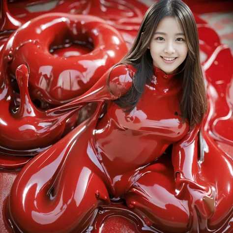 ((Masterpiece,  top quality, extremely delicate ,  perfect face,  detailed eyes,16k,   High Definition  ,  raw photo,Very cute red slime girl )),((   body of high viscosity red slime :2.0  , the whole body is covered with jiggly melted  red slime skin :2.0...