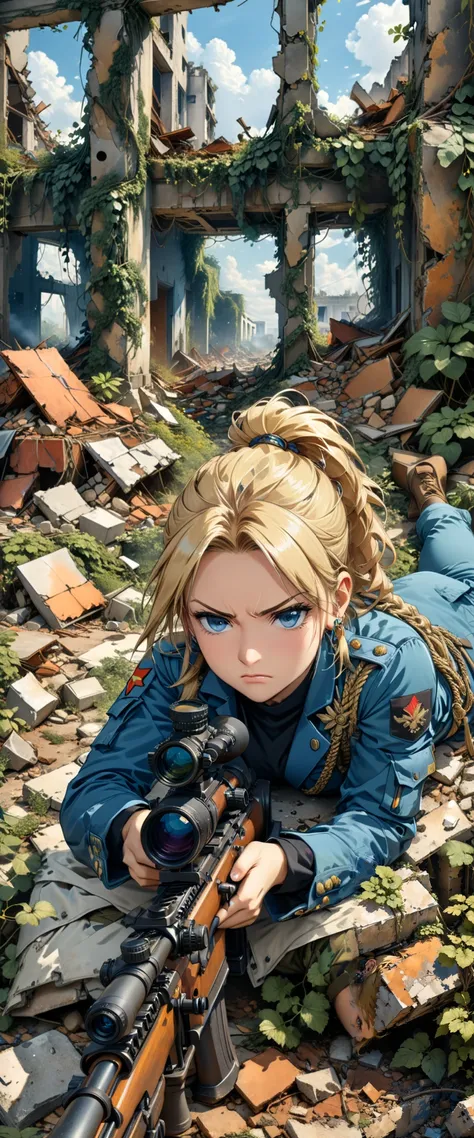 masterpiece, best quality, 1girl, solo, riza, blonde hair, jewelry, earrings, , ruins, overgrown, post-apocalypse, lying, on stomach, aiming, foreshortening, gun, holding gun, looking through scope, rifle, scope, sniper rifle, brown eyes, folded ponytail, ...