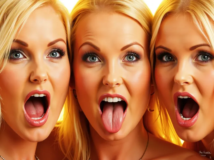 three blond woman, heads next to each other, angry and shocked, mouth open very far, tongue out, middle woman looking to viewer, faces only, sunny