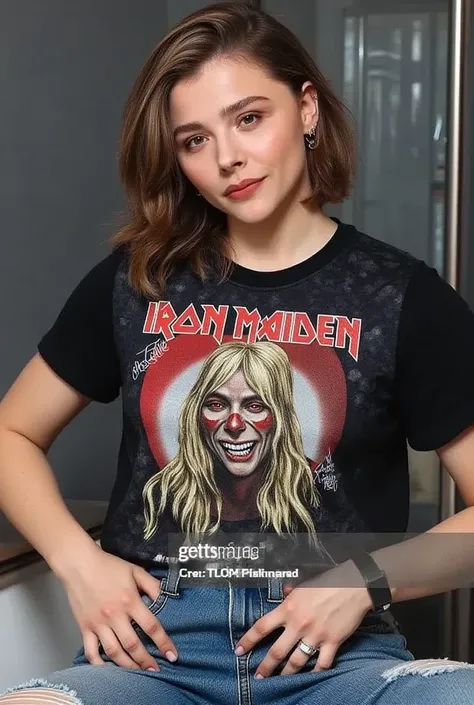 chloé short hair who wears a iron maiden t-shirt and ripped jeans flirt