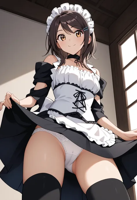  score_9,  score_8_ up the side,  score_7_ up the side,  score_6_ up the side,  score_5_ up the side,  score_4_ up the side,  source_Anime, Don't trust me,   medium hair ,  brown hair, Maid headdress,  hair clip,  brown eyes, chest, Maid,   ruffle choker, ...