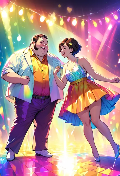 Disco party couple, Fat man and skinny ager with short hair  