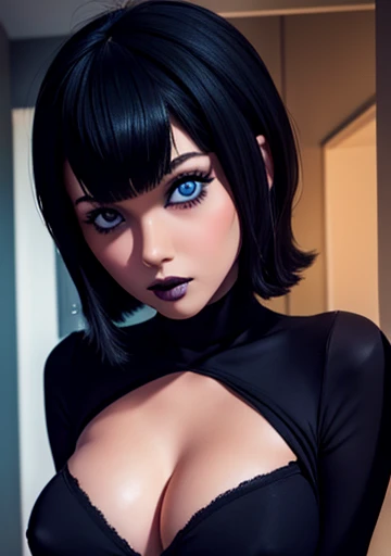 Mavis, NSFW,  Linda way ,  ojos azules , dark makeup,  slender body , big boobs,  looking at the spectator