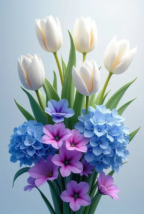  A bouquet of flowers with white tulips, blue hydrangeas and purple petunias 