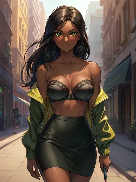 (Masterpiece, Best Quality, extremely detailed, 1 girl, Alone), dark skin, (dark-skinned female:1.5), long black hair, (hazel eyes:1.2), Slim and toned body, medium breasts, ((Wearing: Opened green jacket, black strapless bra and short pencil skirt)), look...