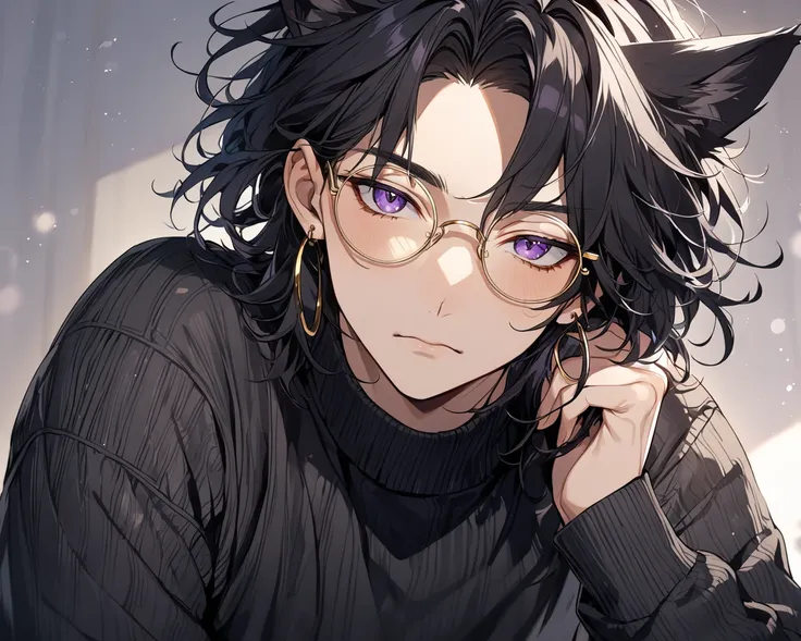 1man, Adult, Medium Hair, Black Hair, Purple Eyes, Silver Earrings, Closed Mouth, Wearing Black Sweater, High quality, Wearing Golden Round Glasses, 
 Hoop Earrings, Cat Ears, Messy Hair,  Facing the Camera