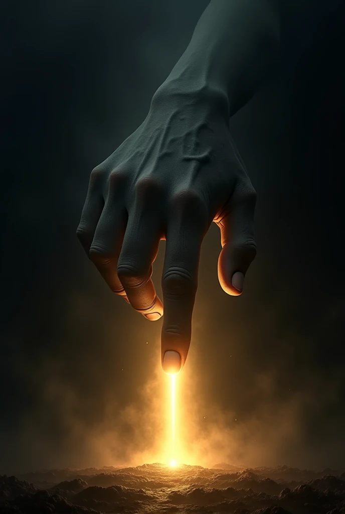 a beautiful giant human hand touches the ground with the index finger , And where the finger touches the ground it is illuminated with golden light , The place is totally dark and the man follows the direction she is pointing