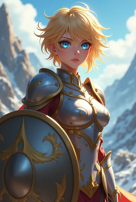 "4K anime style quality, digital drawing mode, shield-themed female character, short golden blonde hair with a strong, spiky style, glowing blue eyes, wearing a sturdy silver and gold armor with intricate protective symbols, standing on a high mountain wit...